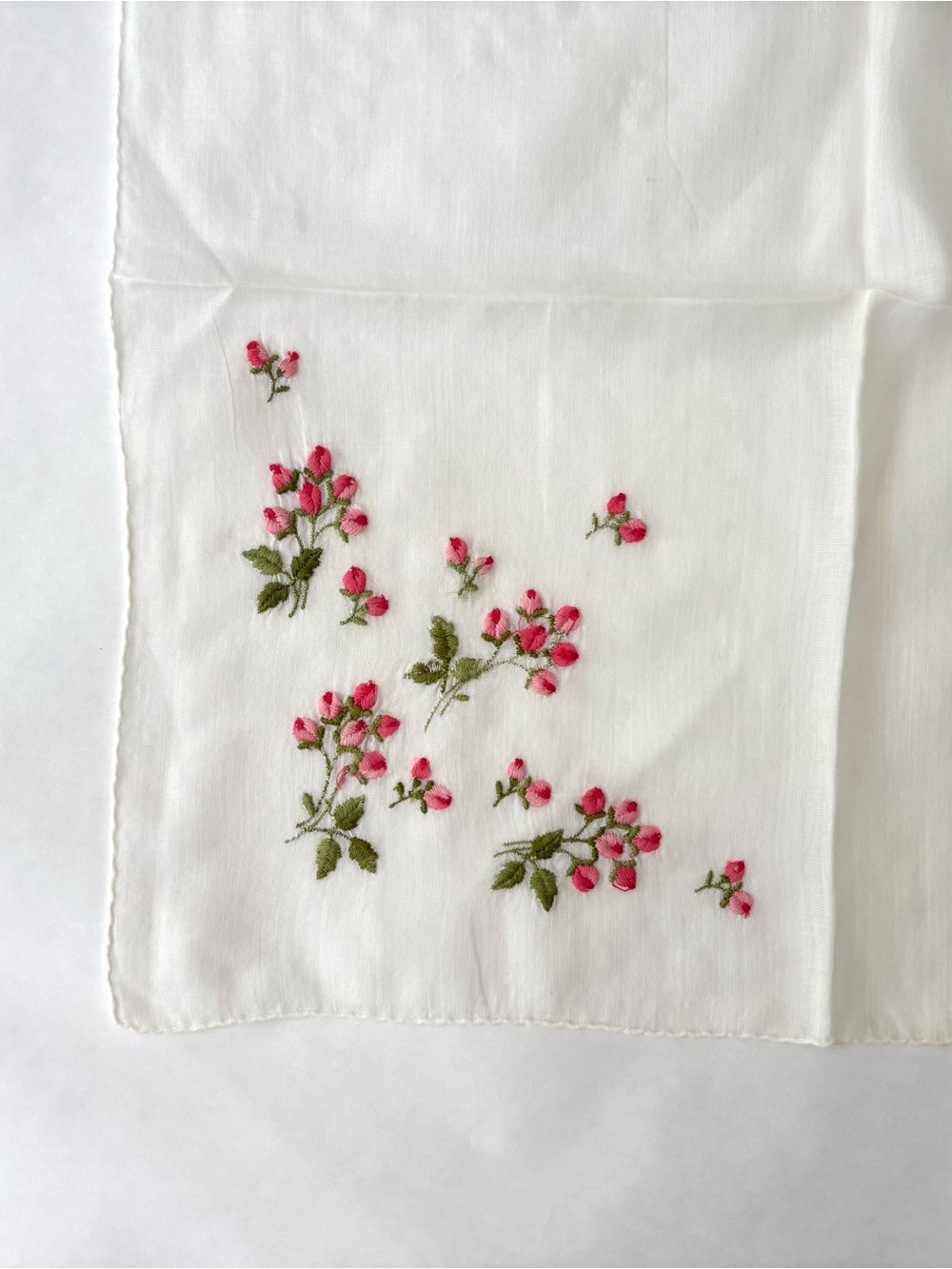 Vintage White Embroidered Floral Pink Flower Handkerchief